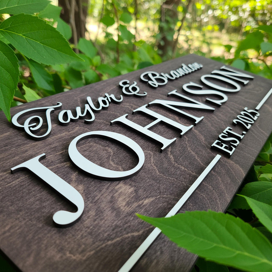 Close-up of raised white wooden letters standing off a stained wooden board