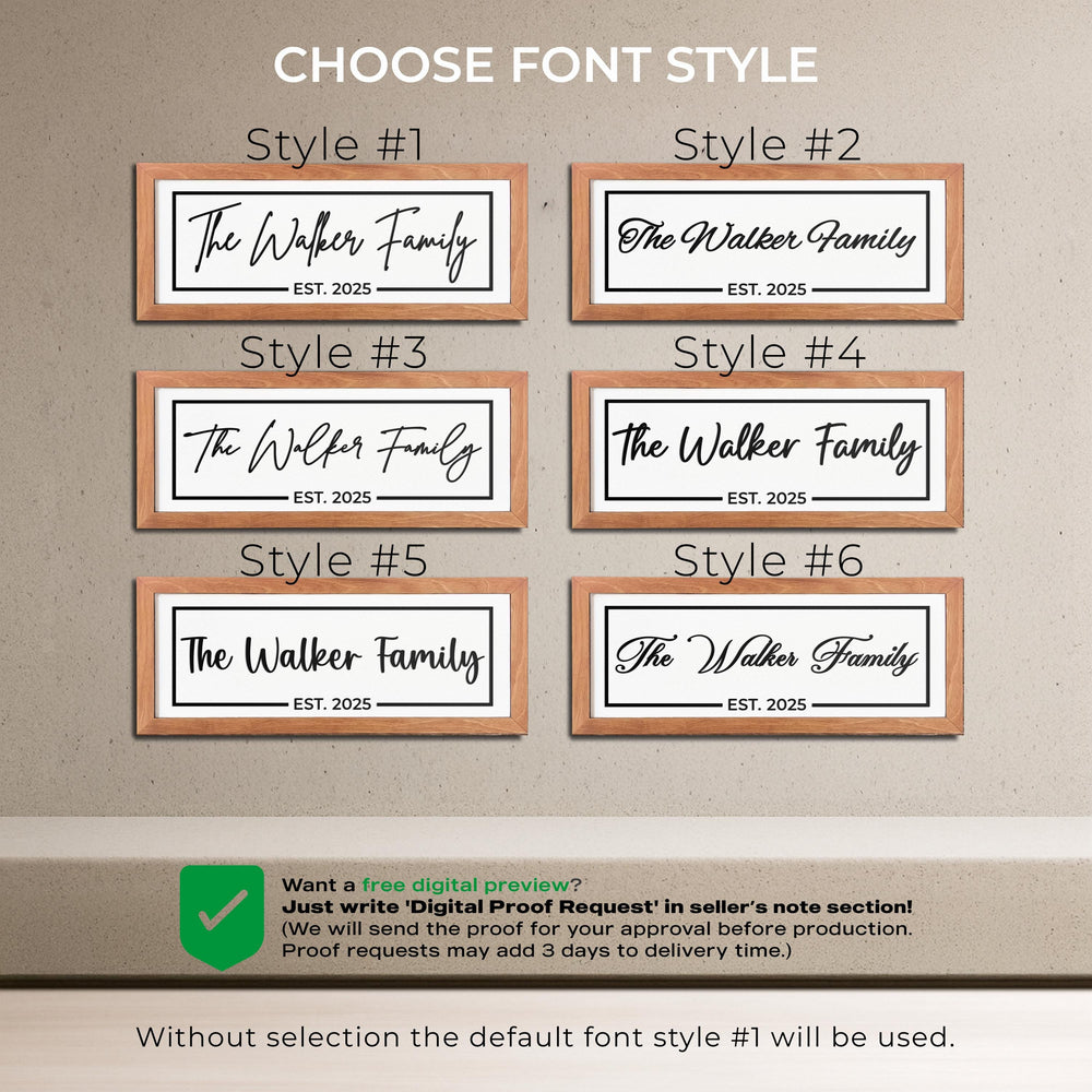 Font style guide: six lettering styles for the family name, Style 1 to Style 6, shown on the same framed sign.