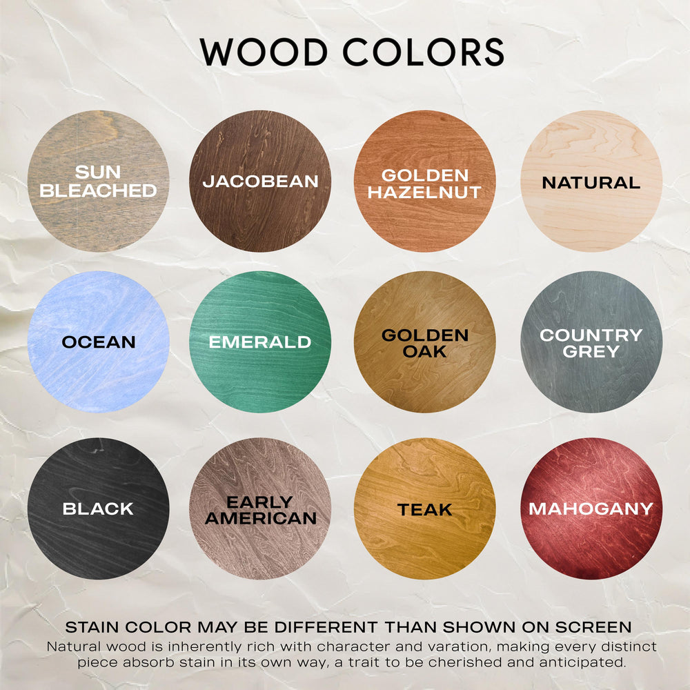 Wood color chart with stain samples in natural, grey, warm and dark tones, and two letter color samples in black and white.
