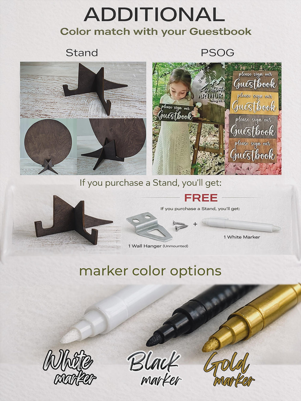 Optional accessories in a matching stain: the wooden display stand and the Please Sign Our Guestbook mini sign.