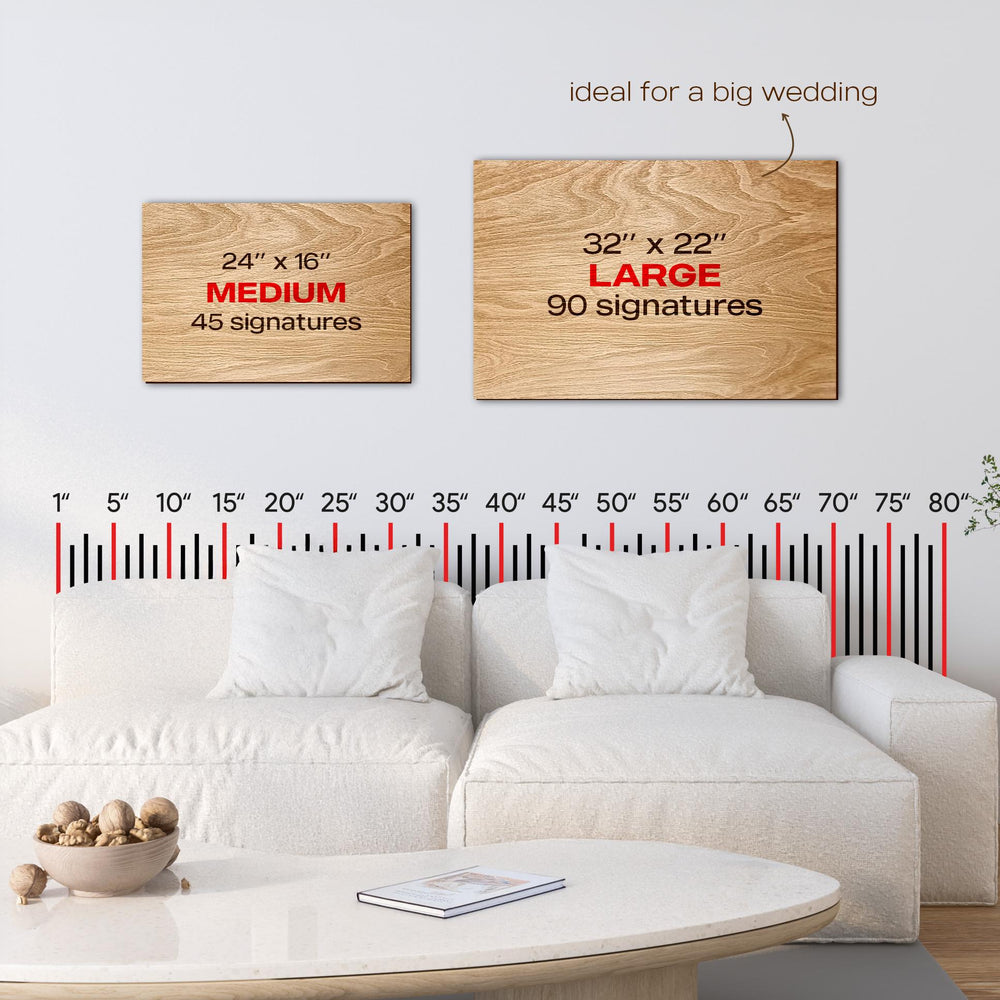 Size comparison of the Medium and Large rectangular guest book boards above a sofa; Medium fits about 45 signatures, Large about 90.