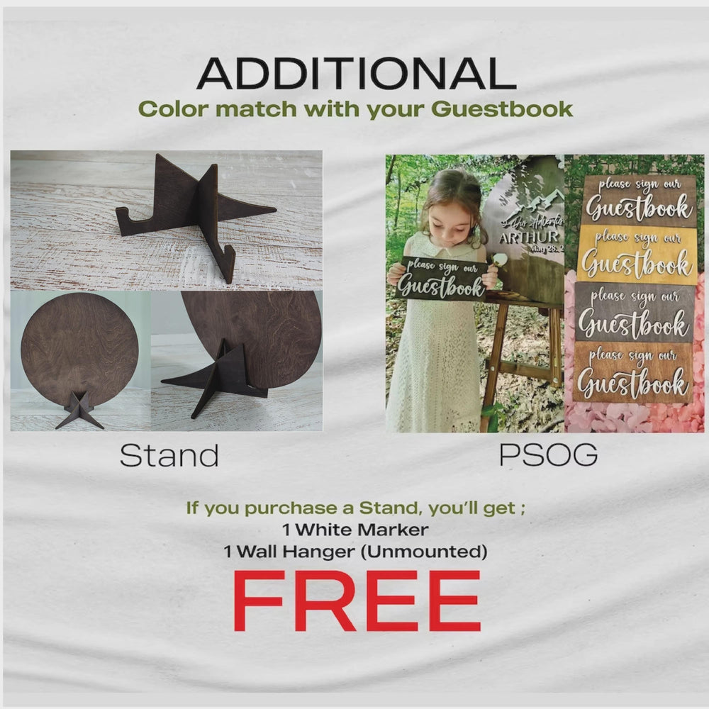 Optional accessories in a matching wood color: the display stand shown from several angles and the Please Sign Our Guestbook mini sign; the stand comes with a white marker and an unmounted wall hanger.