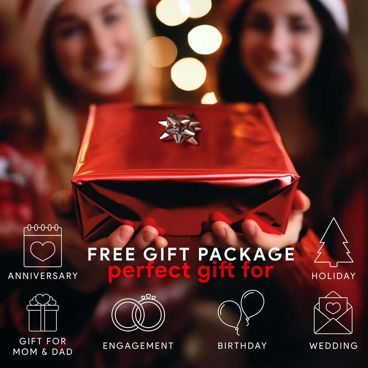 Free gift packaging graphic: a red wrapped box with a silver bow, with icons for anniversary, holiday, engagement, birthday and wedding.