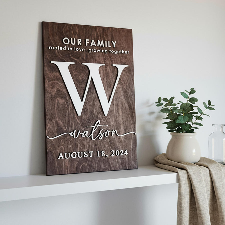 Portrait family monogram sign with Our Family, a large letter W, watson and the date August 18, 2024 in raised white letters, on a white shelf beside a plant.