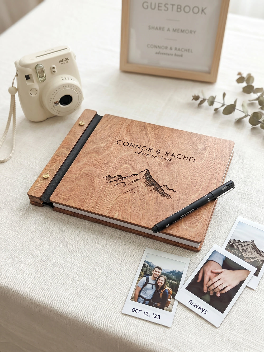 Adventure Book photo guest book with a Hazelnut wood cover, vegan leather spine and screw posts