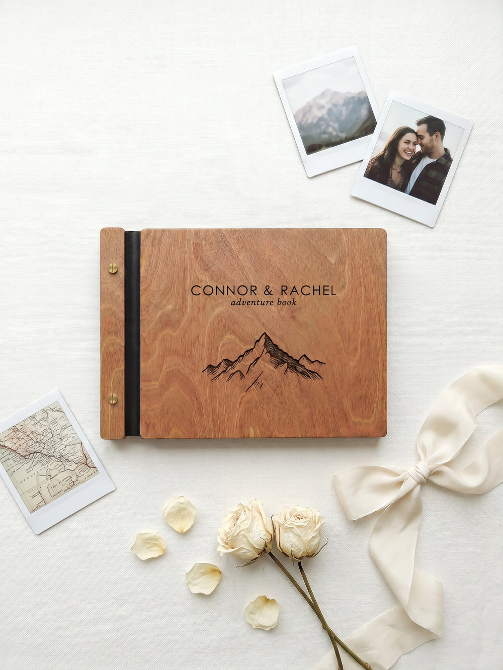 Adventure Book photo guest book with a Hazelnut wood cover, vegan leather spine and screw posts