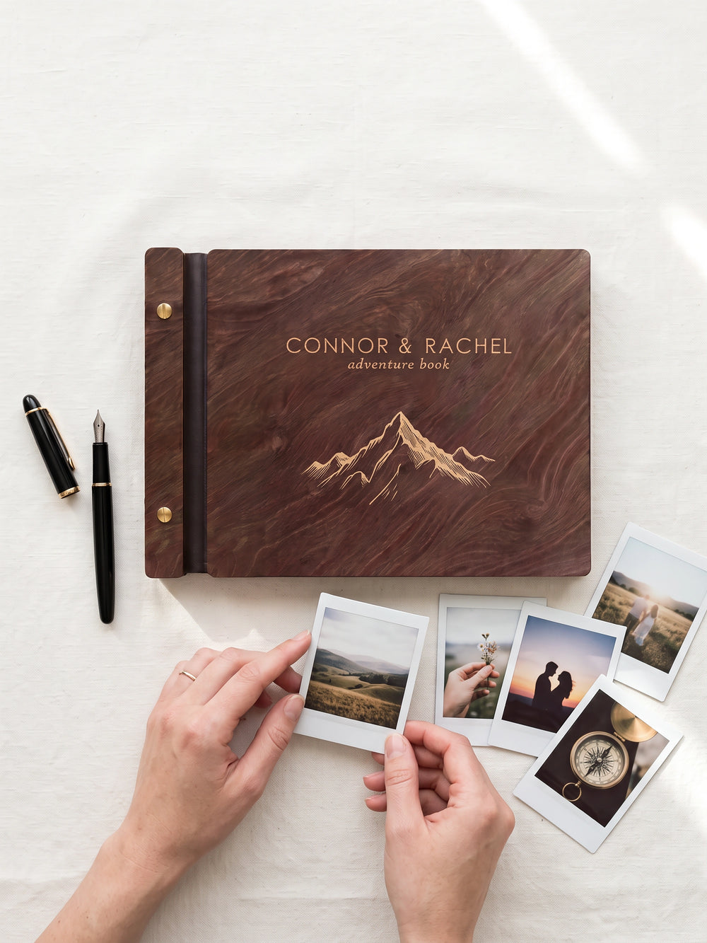 Adventure Book photo guest book with a Jacobean wood cover, vegan leather spine and screw posts