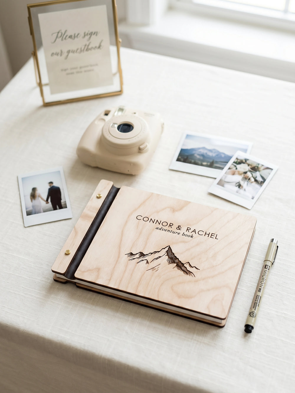 Adventure Book photo guest book with a Natural wood cover, vegan leather spine and screw posts