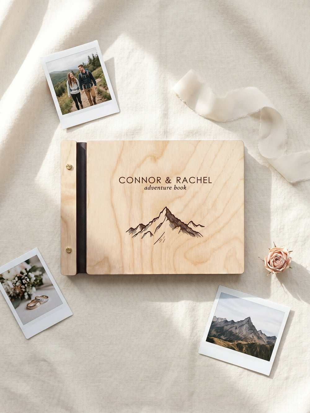 Adventure Book photo guest book with a Natural wood cover, vegan leather spine and screw posts