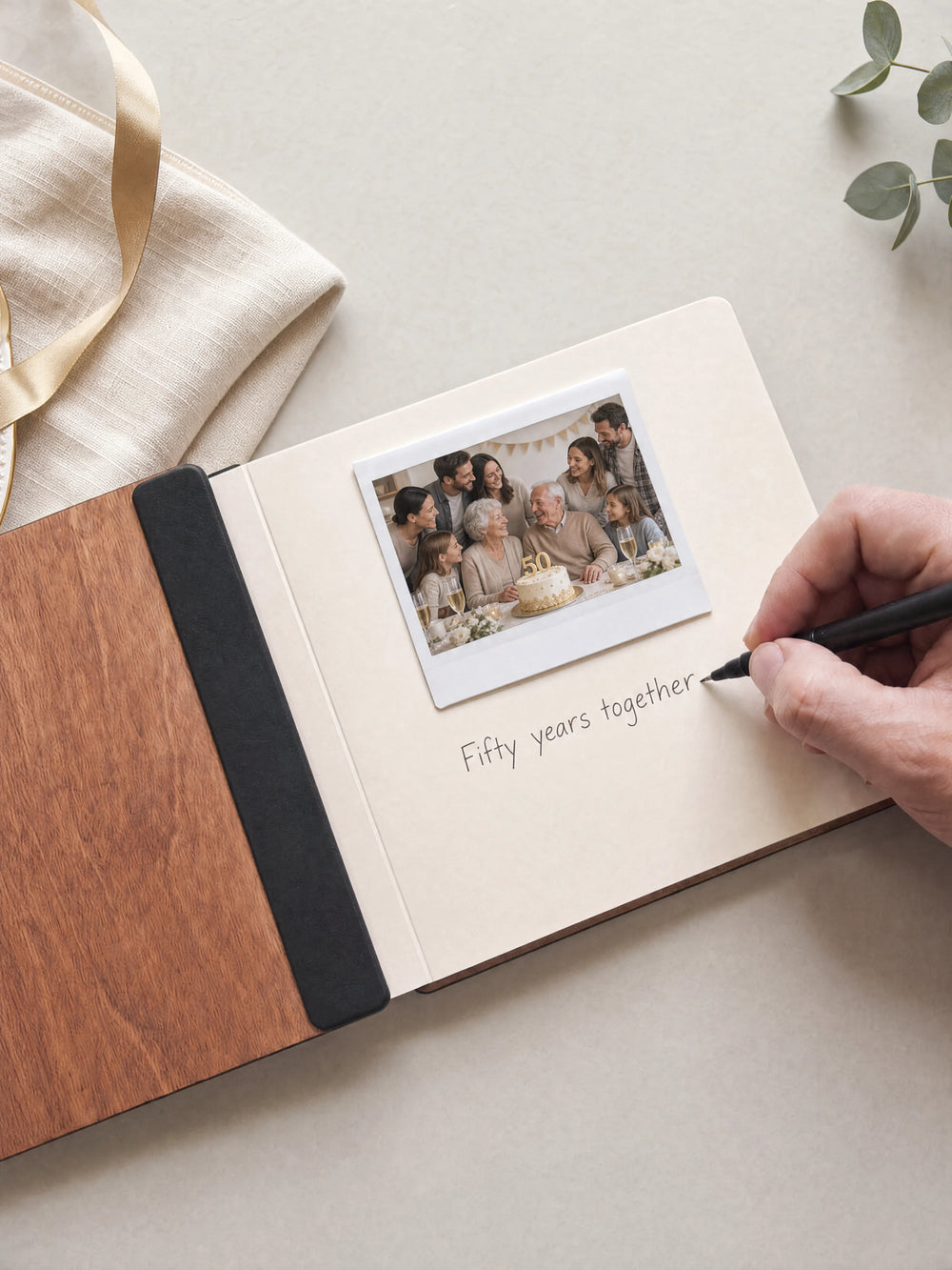 A hand writing a note in fine black pen beneath an instant photo on the cream page of the open Hazelnut 50th anniversary photo memory book