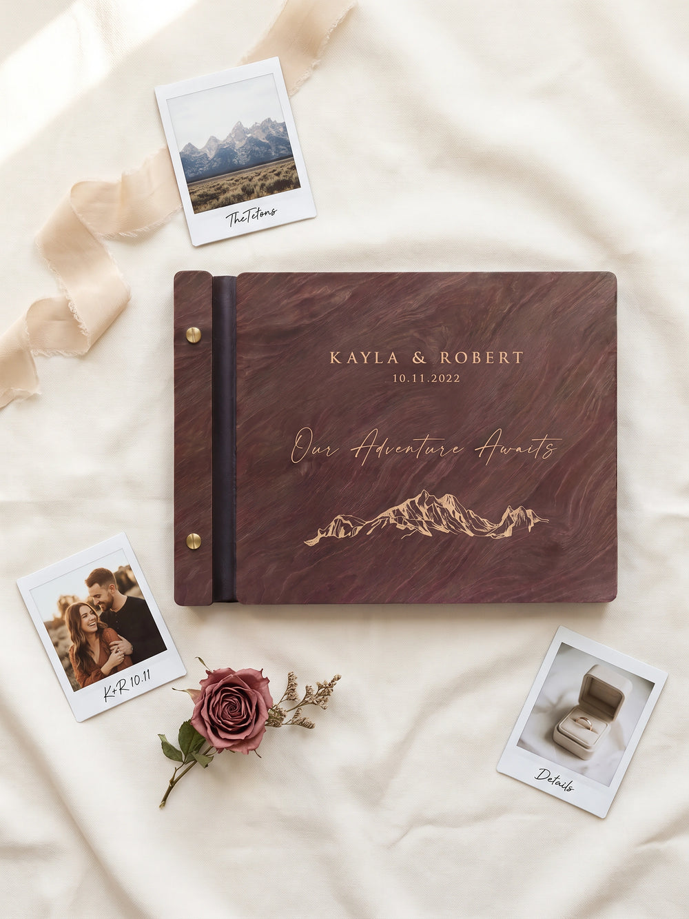 Our Adventure Awaits photo guest book with a Jacobean wood cover, vegan leather spine and screw posts