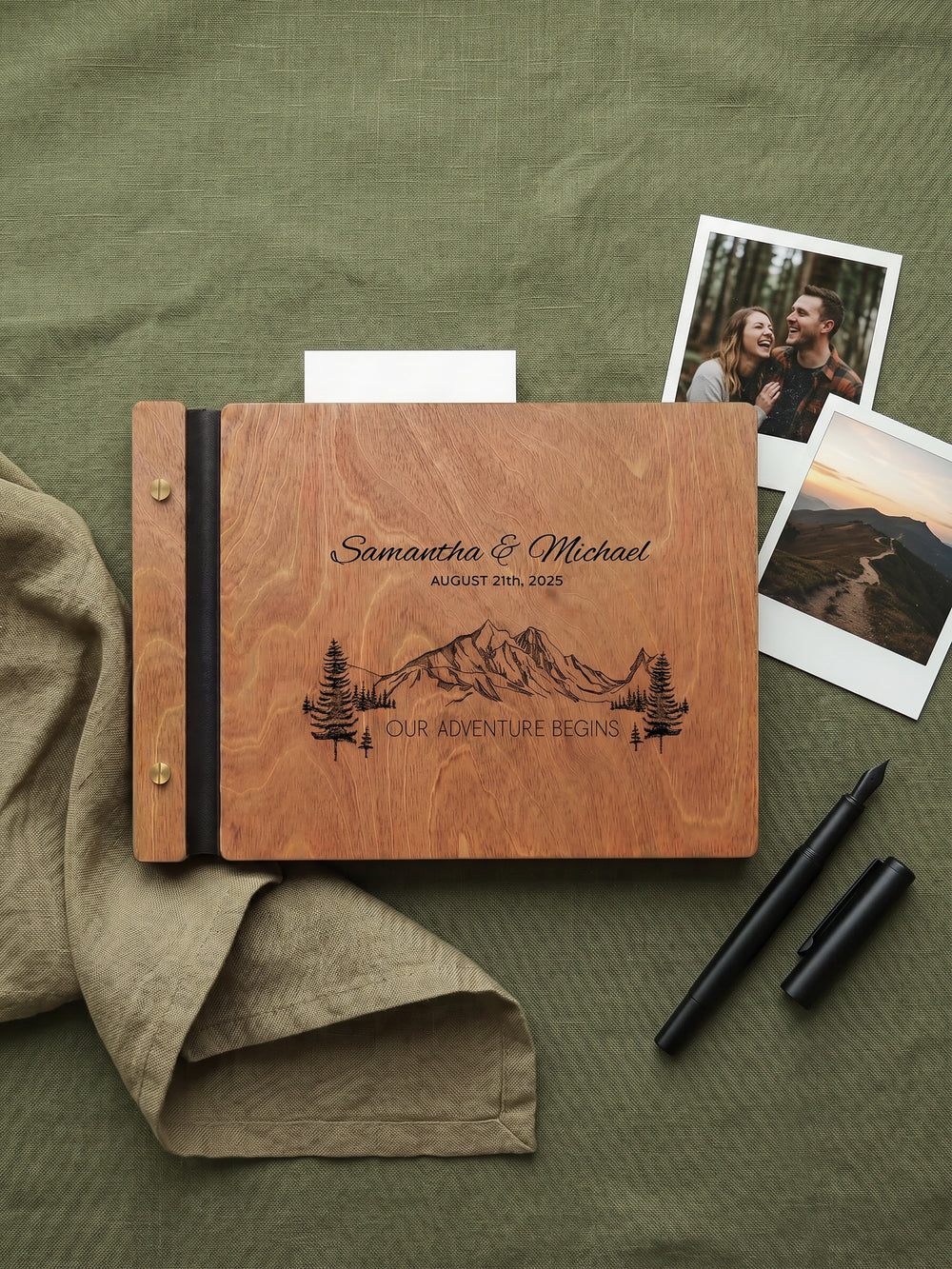 Our Adventure Begins photo guest book with a Hazelnut wood cover, vegan leather spine and screw posts
