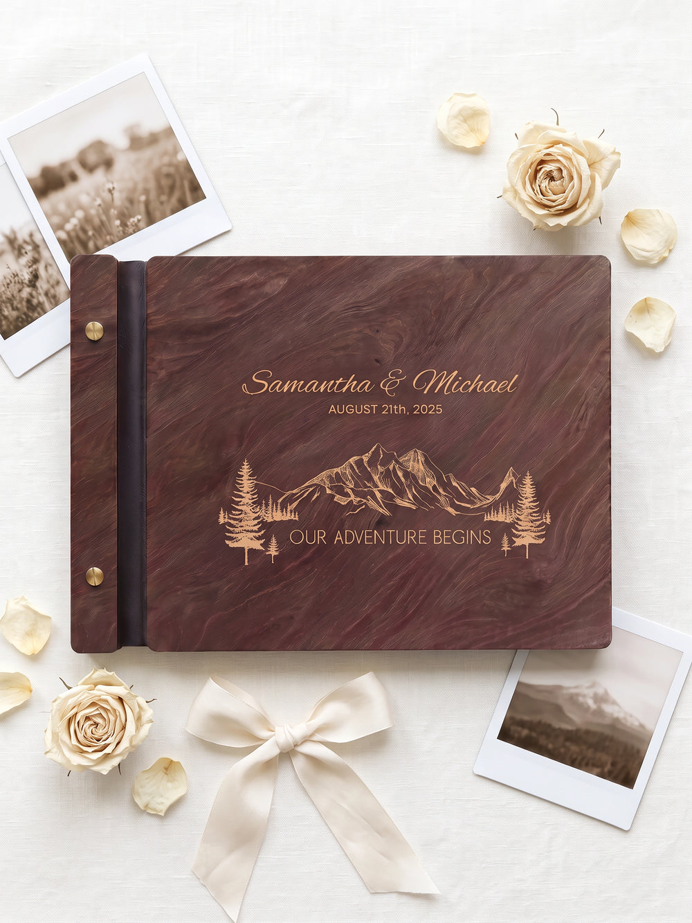 Our Adventure Begins photo guest book with a Jacobean wood cover, vegan leather spine and screw posts