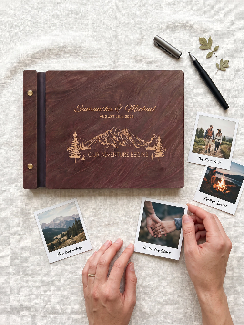 Our Adventure Begins photo guest book with a Jacobean wood cover, vegan leather spine and screw posts