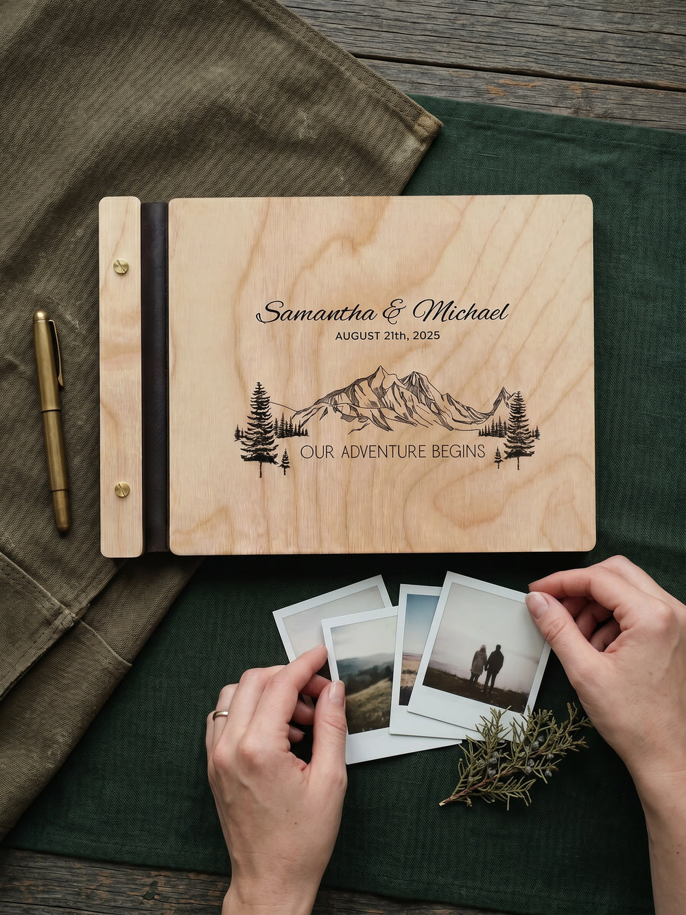 Our Adventure Begins photo guest book with a Natural wood cover, vegan leather spine and screw posts