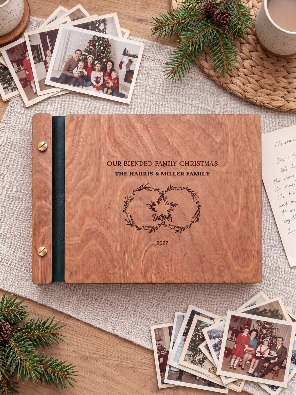 The full Hazelnut OUR BLENDED FAMILY CHRISTMAS album cover is shown close up. Brown engraved artwork, personalized wording, the narrow binding and gold screws are visible.