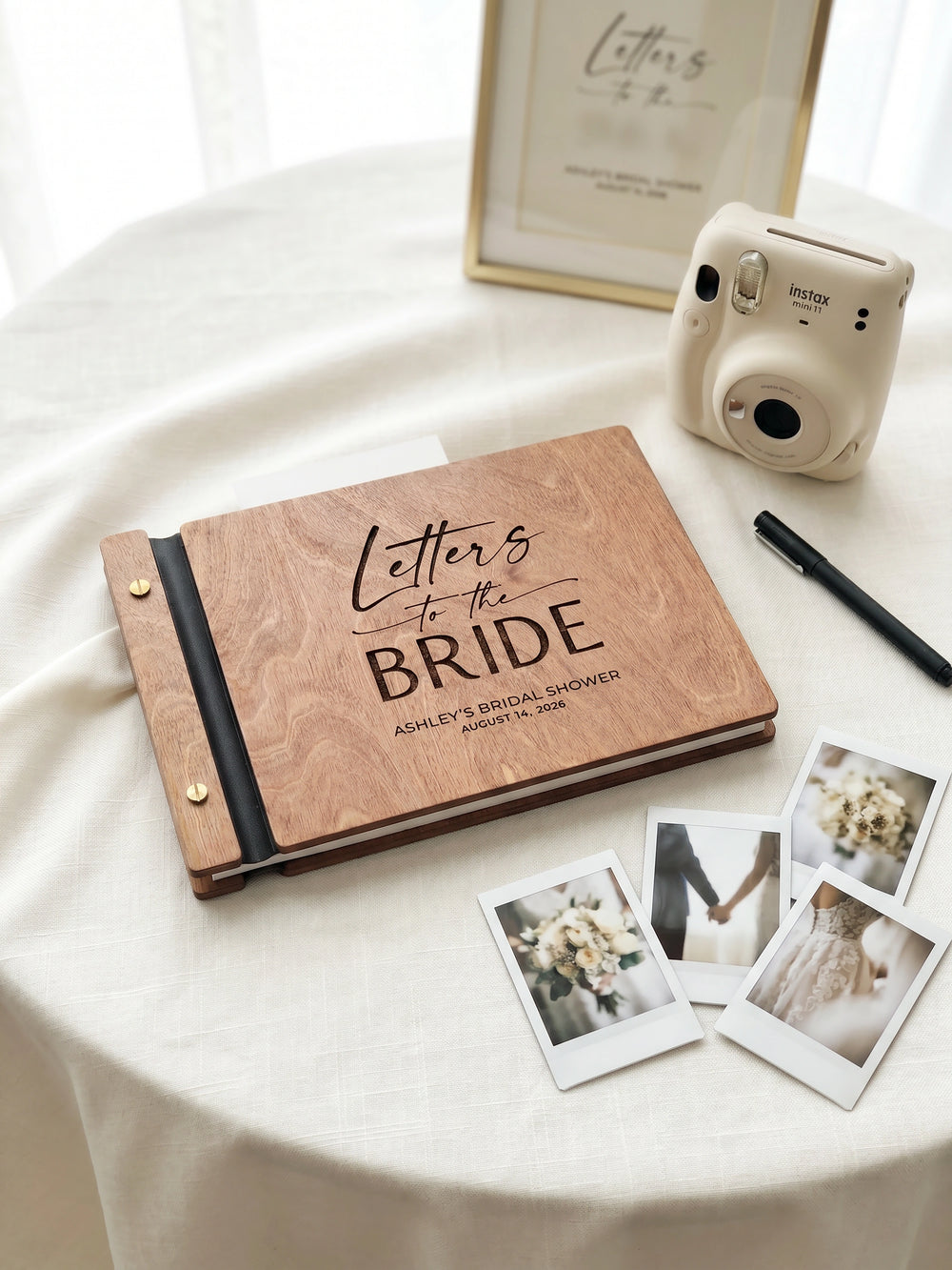 Letters to the Bride photo guest book with a Hazelnut wood cover, vegan leather spine and screw posts