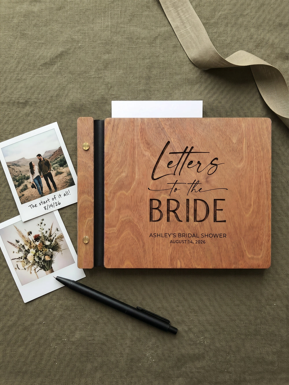 Letters to the Bride photo guest book with a Hazelnut wood cover, vegan leather spine and screw posts