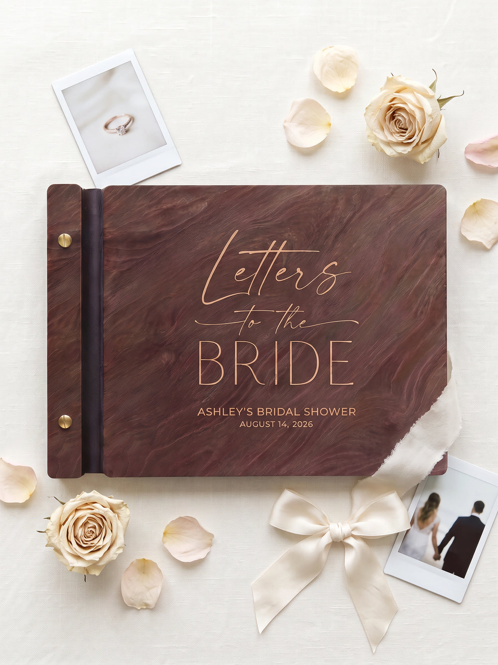 Letters to the Bride photo guest book with a Jacobean wood cover, vegan leather spine and screw posts