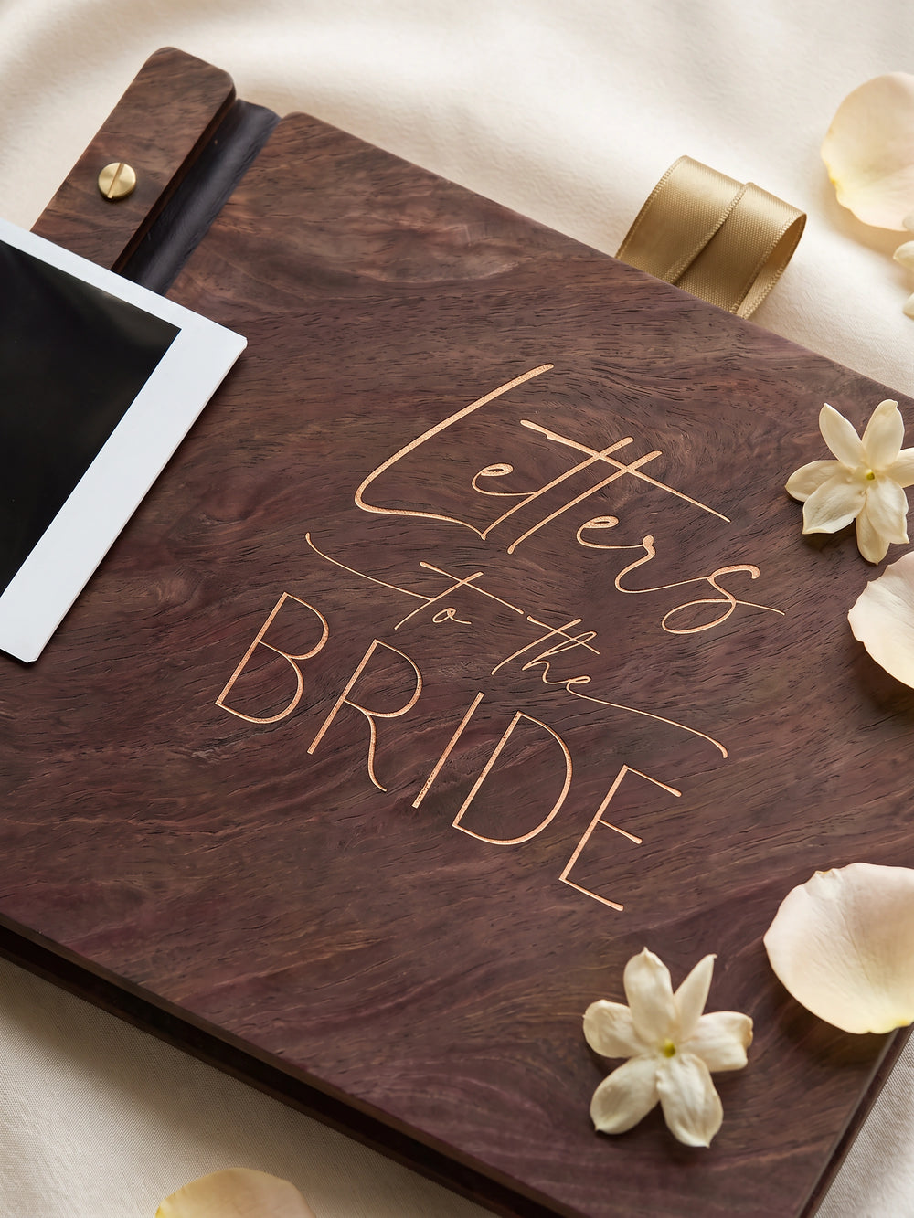 Letters to the Bride photo guest book with a Jacobean wood cover, vegan leather spine and screw posts