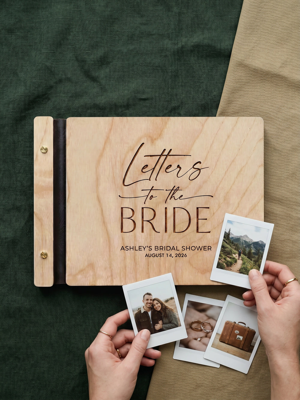 Letters to the Bride photo guest book with a Natural wood cover, vegan leather spine and screw posts