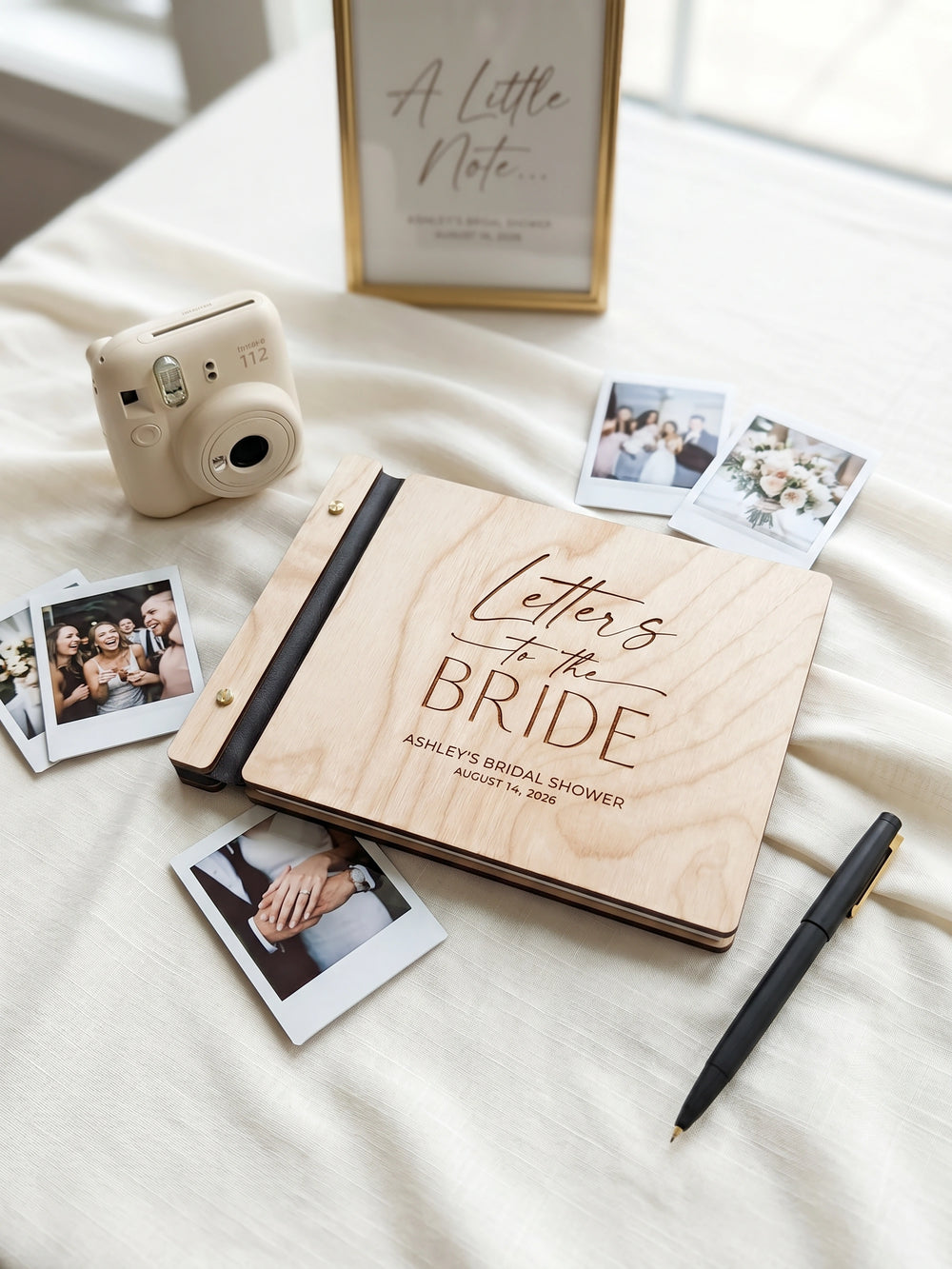 Letters to the Bride photo guest book with a Natural wood cover, vegan leather spine and screw posts