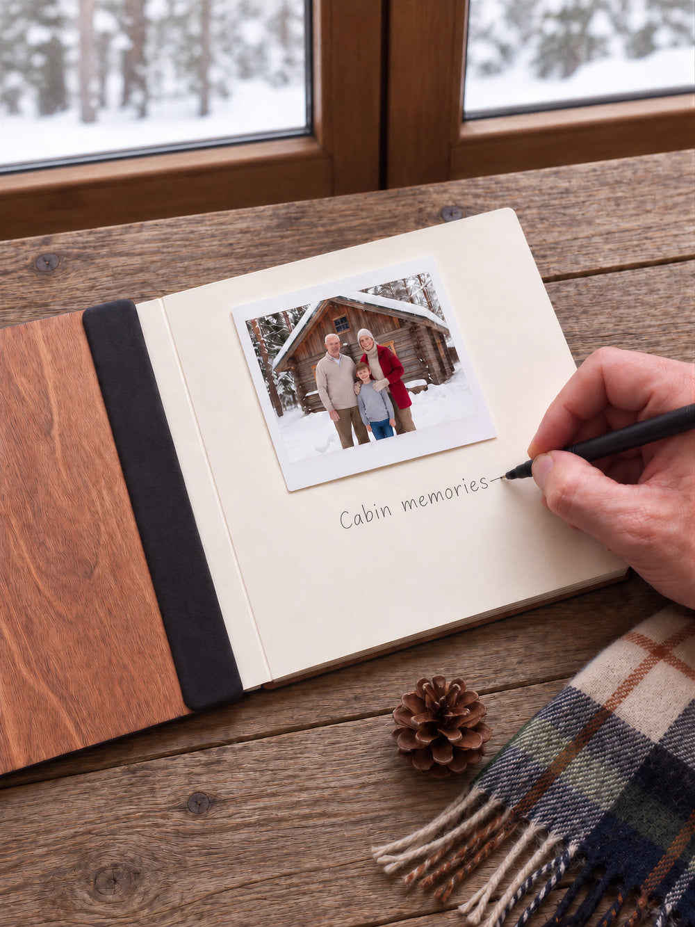 An open Hazelnut wooden album lies flat on a rustic cabin table. A hand writes Cabin memories beneath a family snapshot on a cream page. The black inner fabric strip sits on the wood; a snowy window and plaid textile frame the scene.