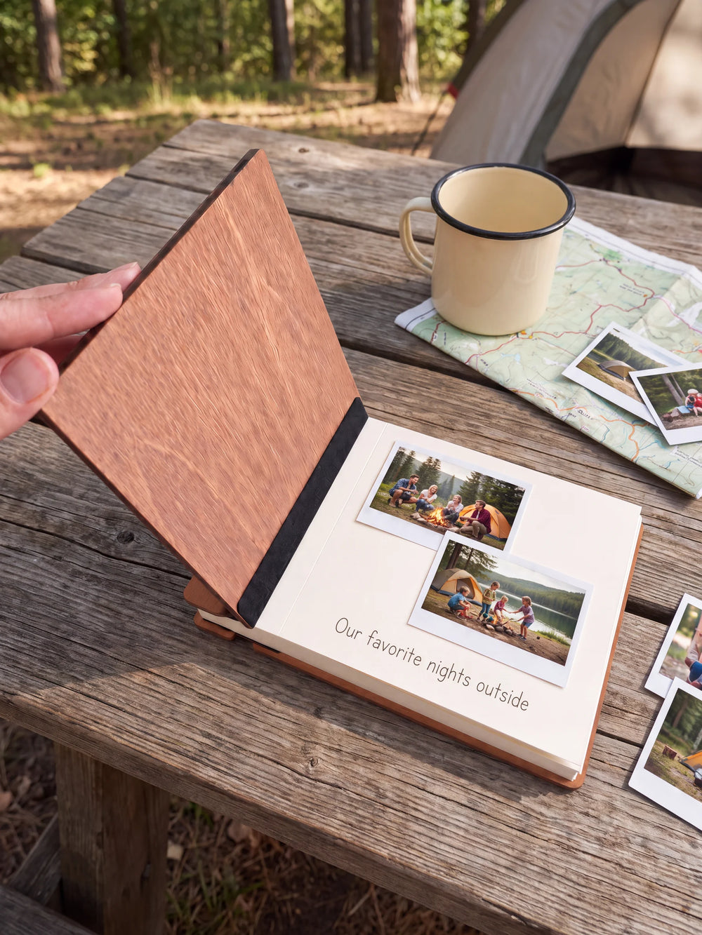 A hand lifts the Hazelnut album’s front cover, revealing a flat black inner fabric strip and a cream page arranged with instant photographs and a handwritten memory.