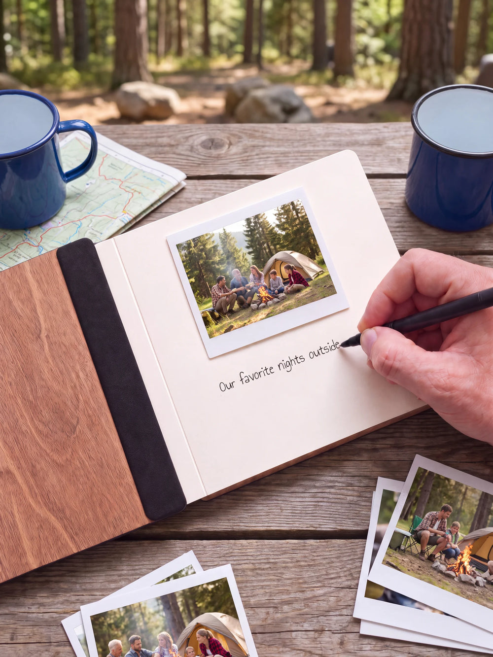 An open Hazelnut album with a photograph on a cream page. A hand writes a memory beneath it; a flat black fabric strip runs along the inner wooden cover.