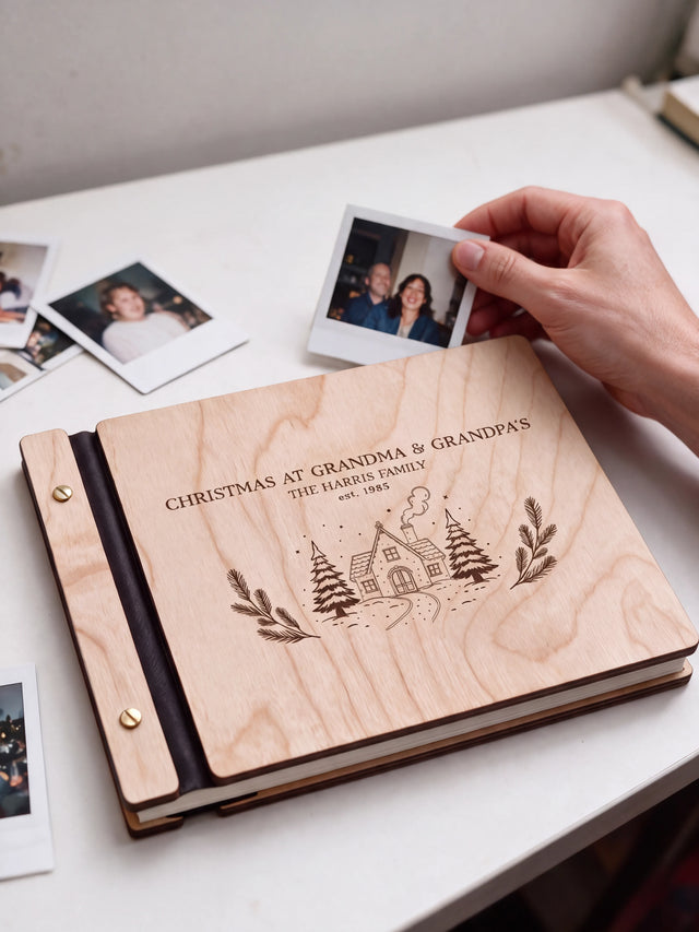Natural wood Christmas album on a light table while a hand selects a family instant photo; dark engraving shows a snowy cottage, family name and year beside the black binding