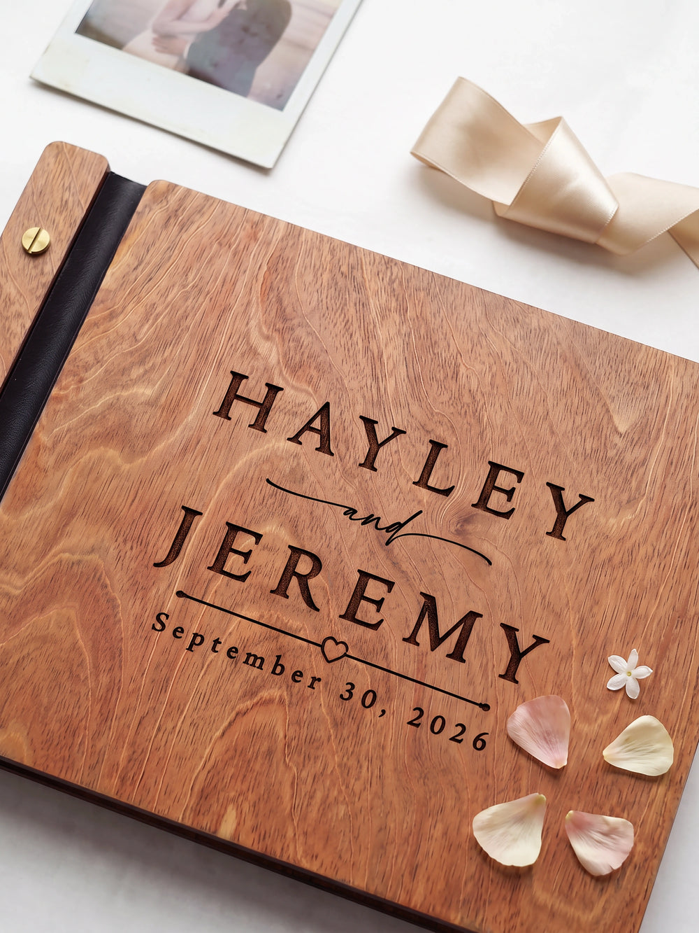 Classic names and date wedding photo guest book with a Hazelnut wood cover, vegan leather spine and screw posts