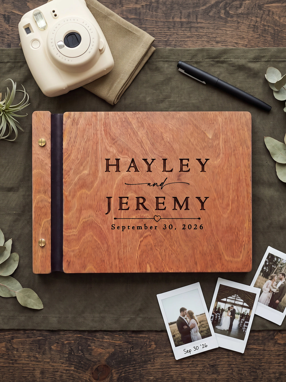 Classic names and date wedding photo guest book with a Hazelnut wood cover, vegan leather spine and screw posts