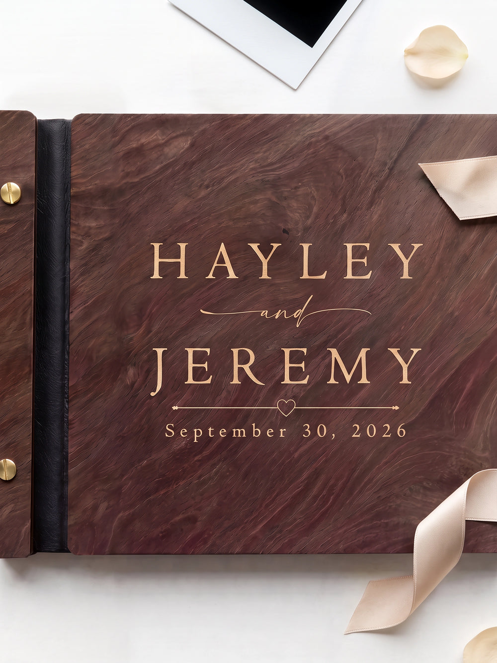 Classic names and date wedding photo guest book with a Jacobean wood cover, vegan leather spine and screw posts