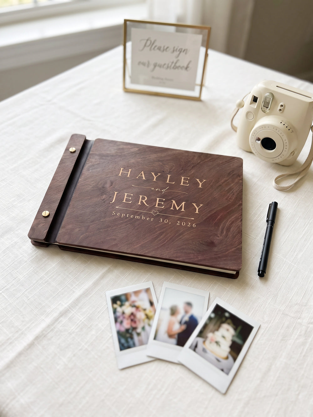 Classic names and date wedding photo guest book with a Jacobean wood cover, vegan leather spine and screw posts
