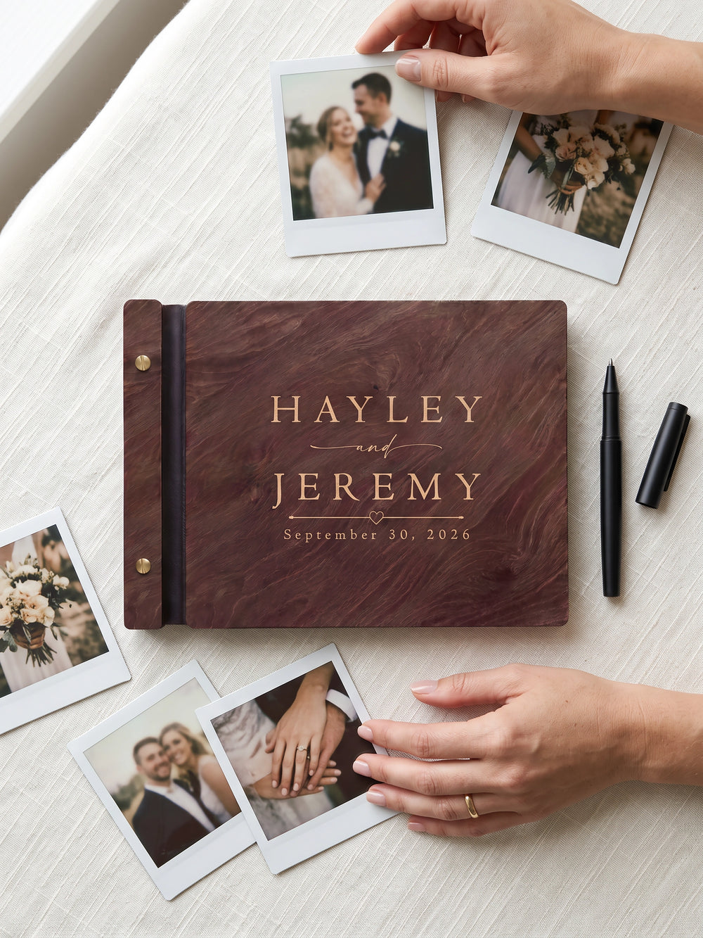 Classic names and date wedding photo guest book with a Jacobean wood cover, vegan leather spine and screw posts
