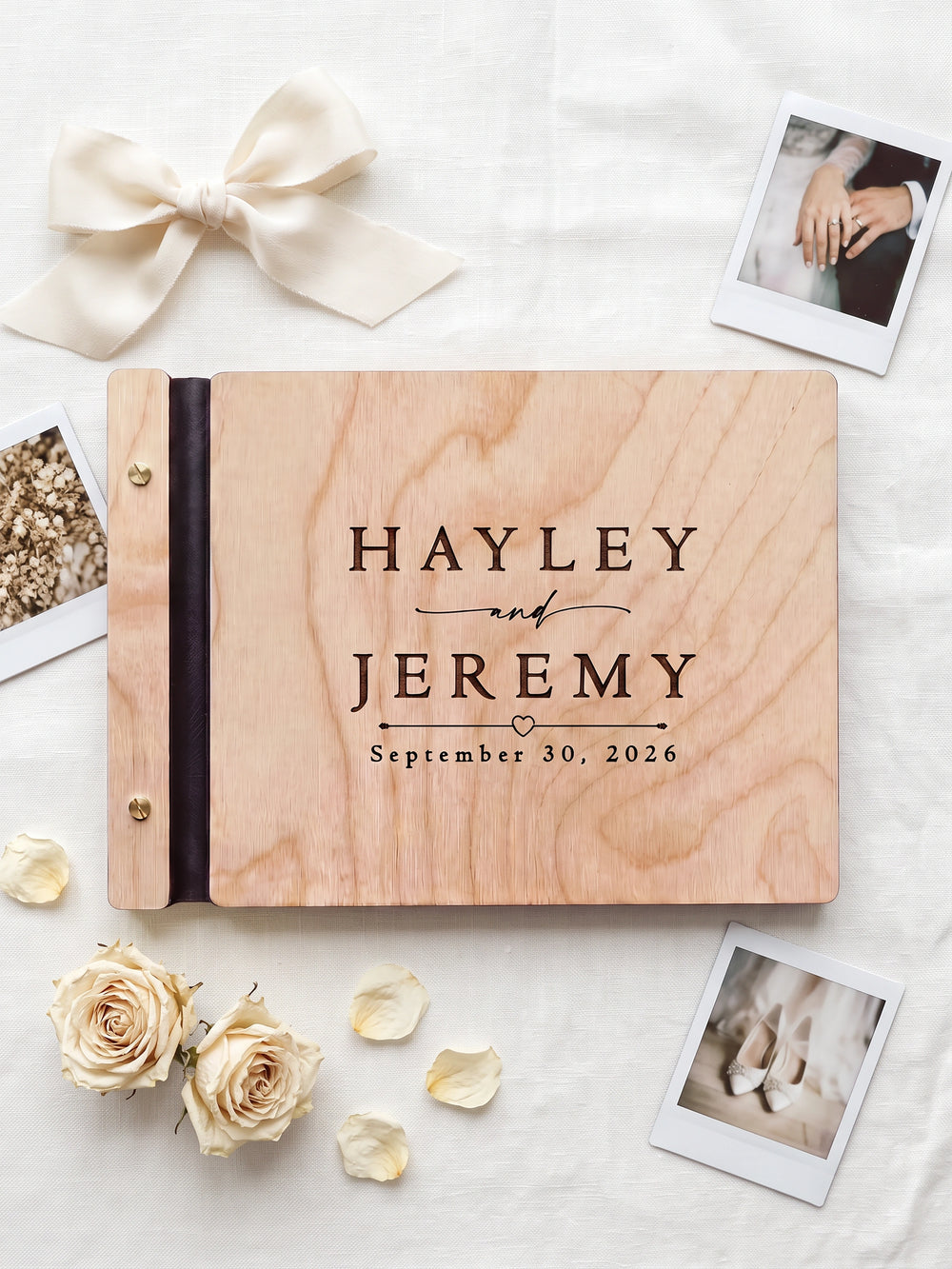 Classic names and date wedding photo guest book with a Natural wood cover, vegan leather spine and screw posts