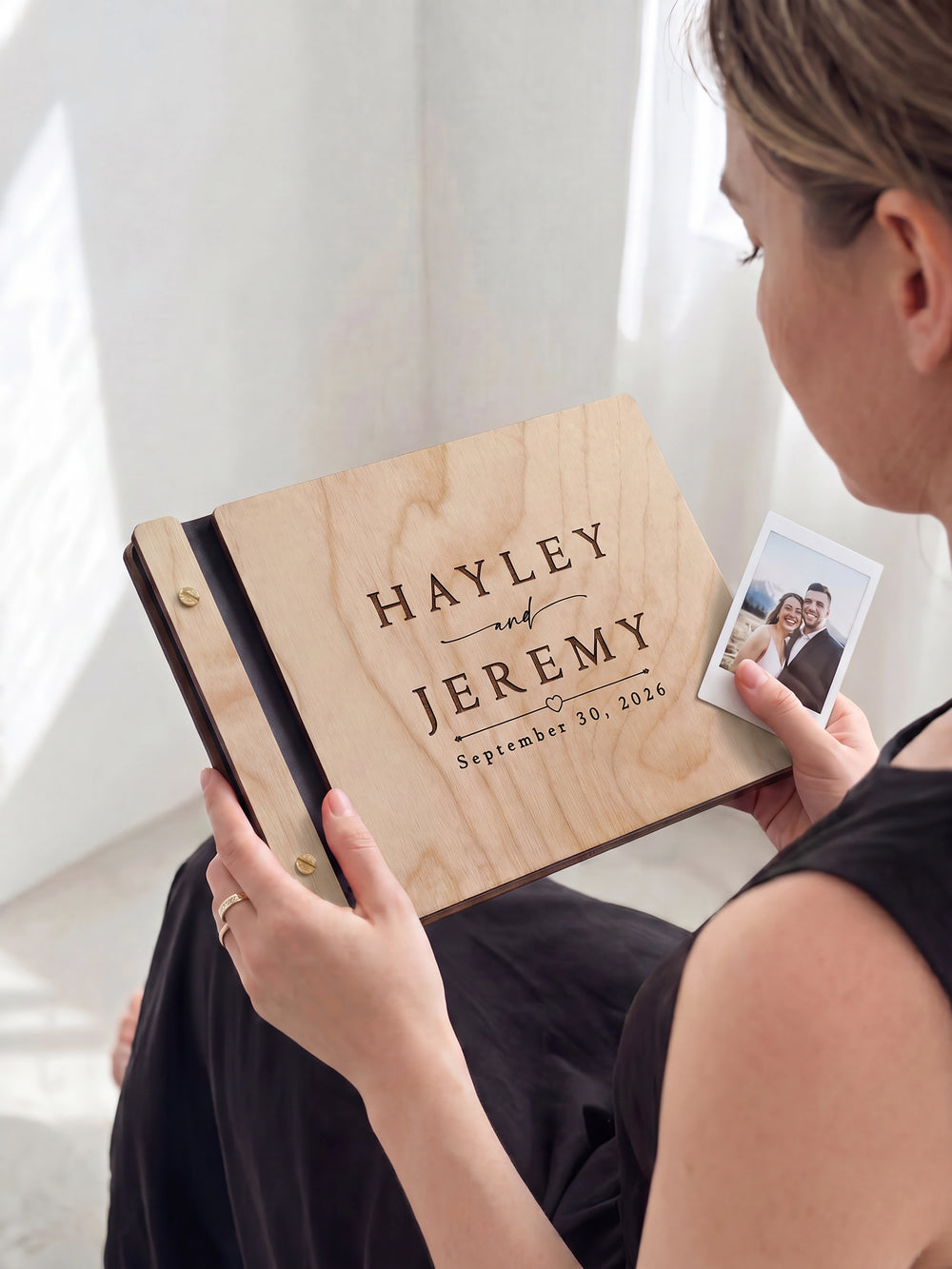 Classic names and date wedding photo guest book with a Natural wood cover, vegan leather spine and screw posts