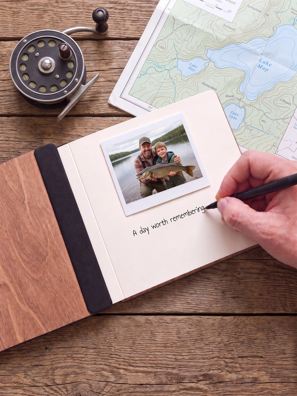 An open Hazelnut album with a photograph on a cream page. A hand writes a memory beneath it; a flat black fabric strip runs along the inner wooden cover.