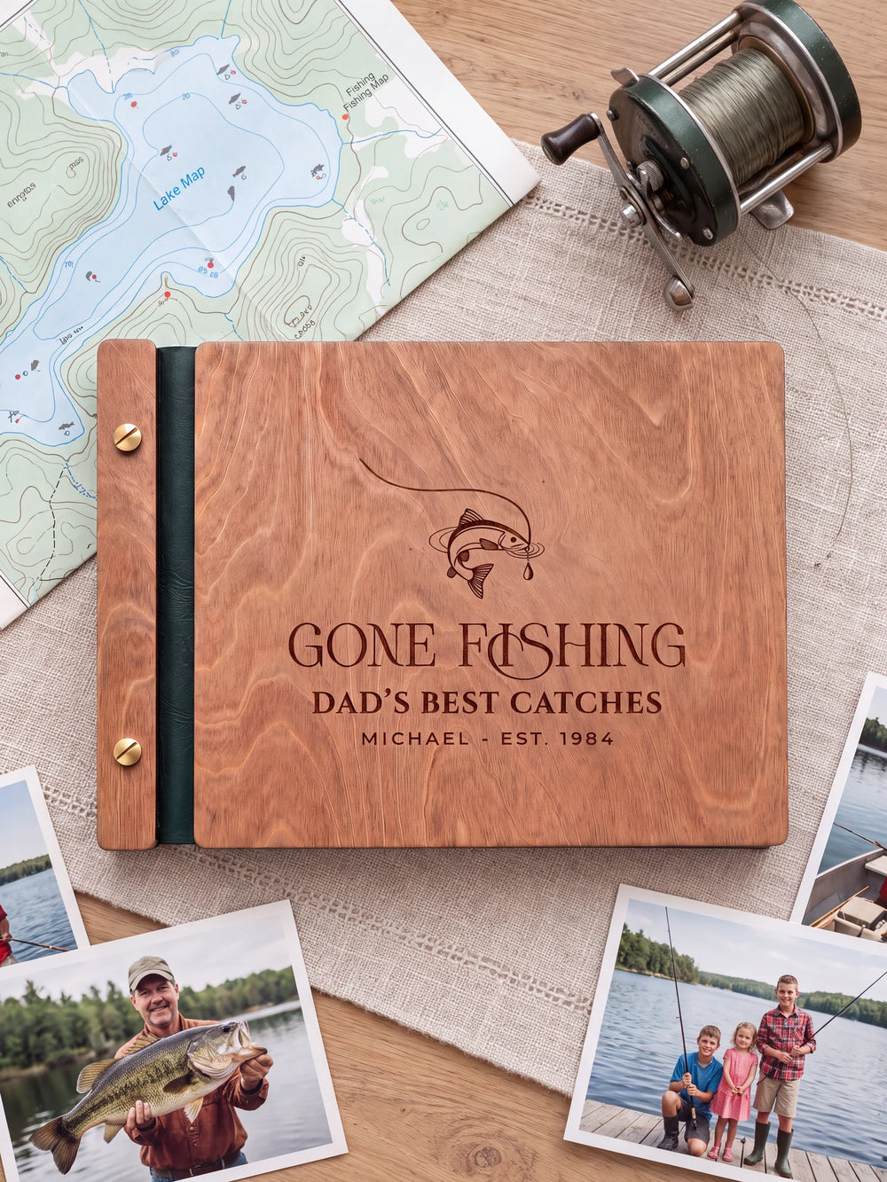 The full Hazelnut GONE FISHING album cover is shown close up. Brown engraved artwork, personalized wording, the narrow binding and gold screws are visible.
