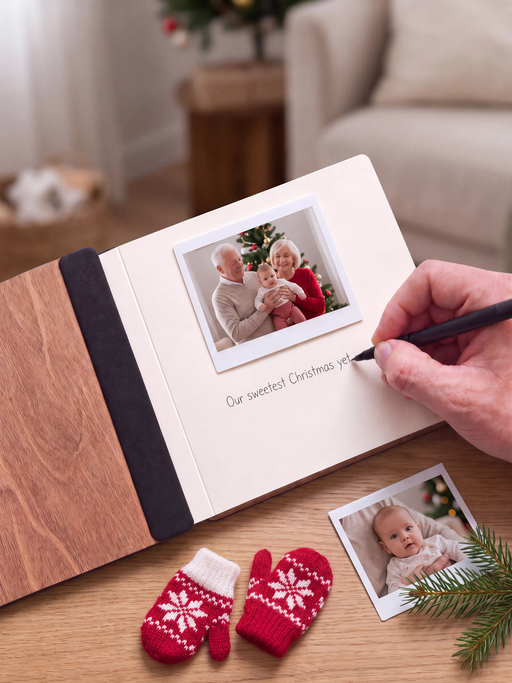An open Hazelnut album with a photograph on a cream page. A hand writes a memory beneath it; a flat black fabric strip runs along the inner wooden cover.