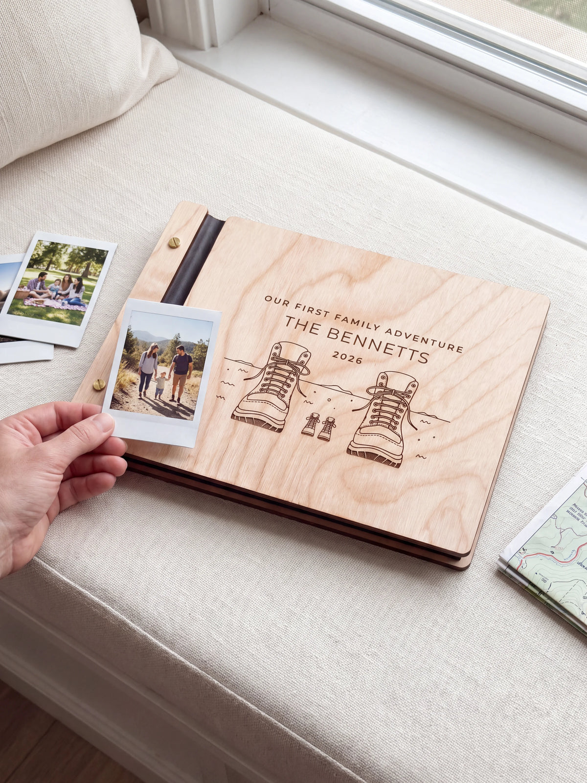 Natural wooden album with dark engraving of adult and little hiking boots. A hand holds an instant photo beside the closed cover, with loose snapshots nearby.