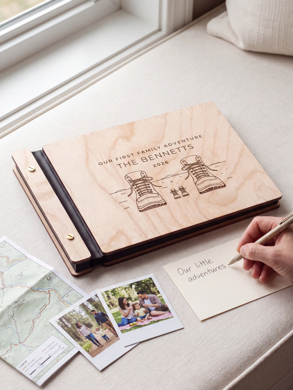 A Natural wooden album showing adult and little hiking boots rests beside a separate gift card. A hand writes 