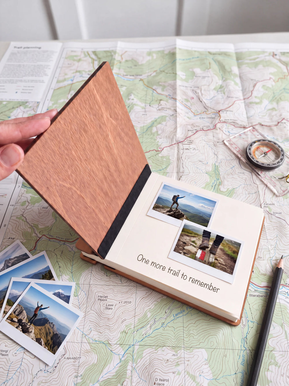 A hand lifts the Hazelnut album’s front cover, revealing a flat black inner fabric strip and a cream page arranged with instant photographs and a handwritten memory.