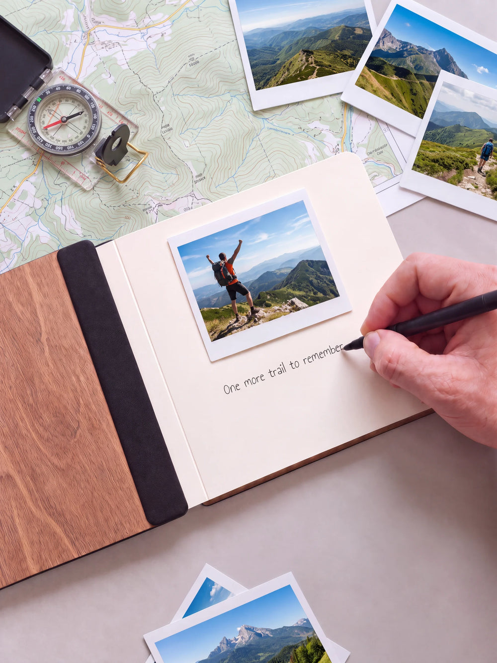 An open Hazelnut album with a photograph on a cream page. A hand writes a memory beneath it; a flat black fabric strip runs along the inner wooden cover.