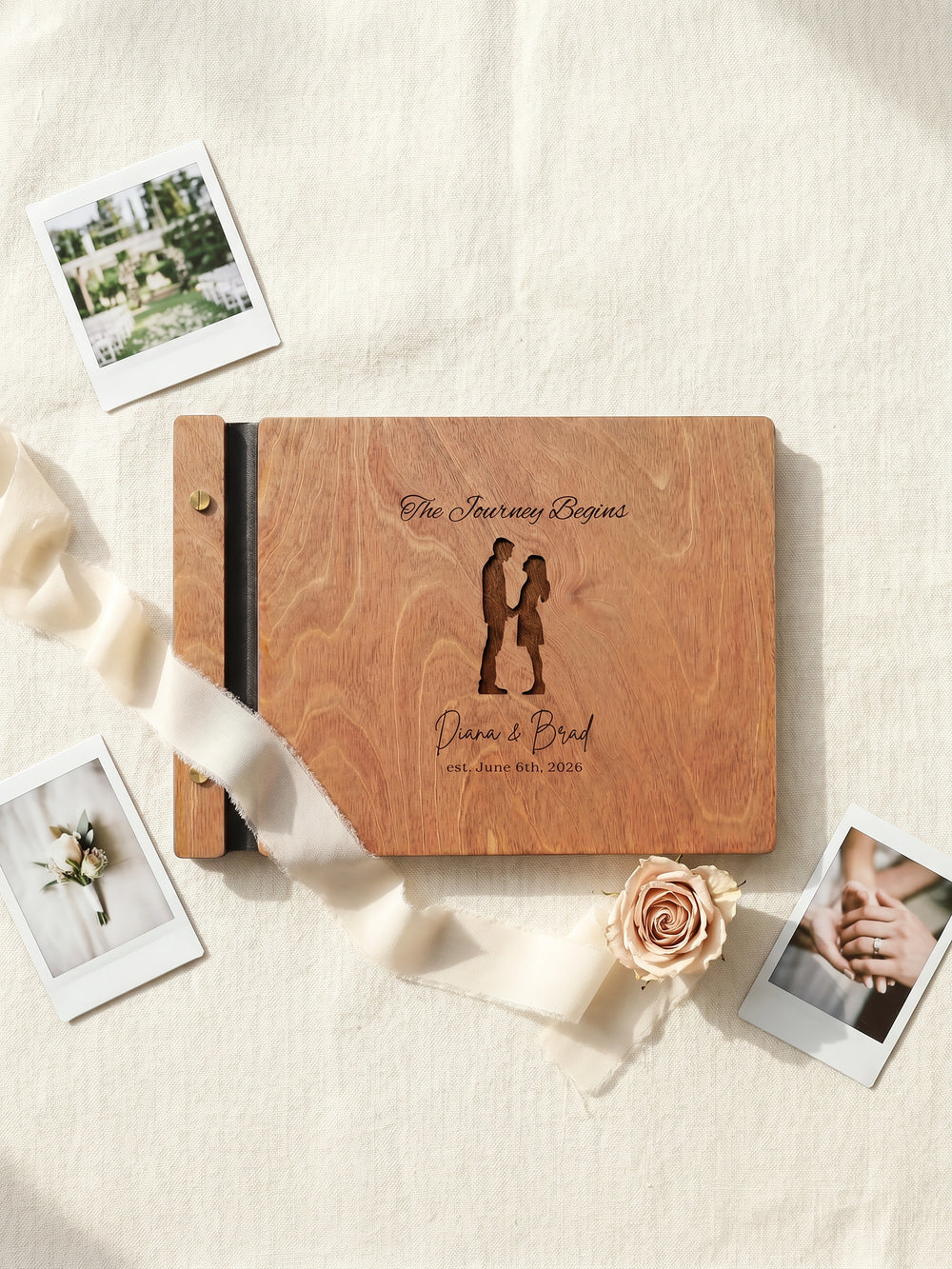 The Journey Begins photo guest book with a Hazelnut wood cover, vegan leather spine and screw posts