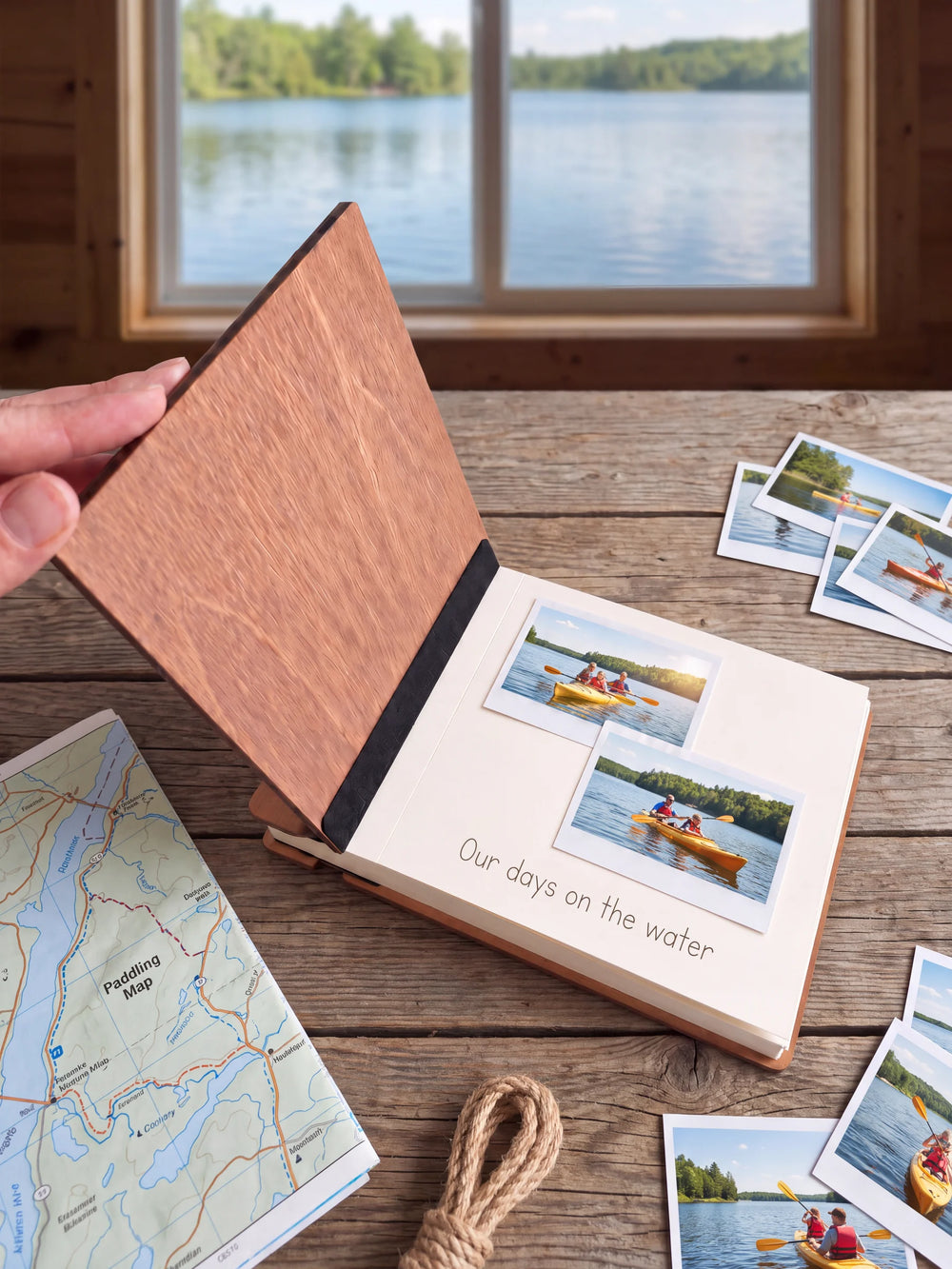 A hand lifts the Hazelnut album’s front cover, revealing a flat black inner fabric strip and a cream page arranged with instant photographs and a handwritten memory.