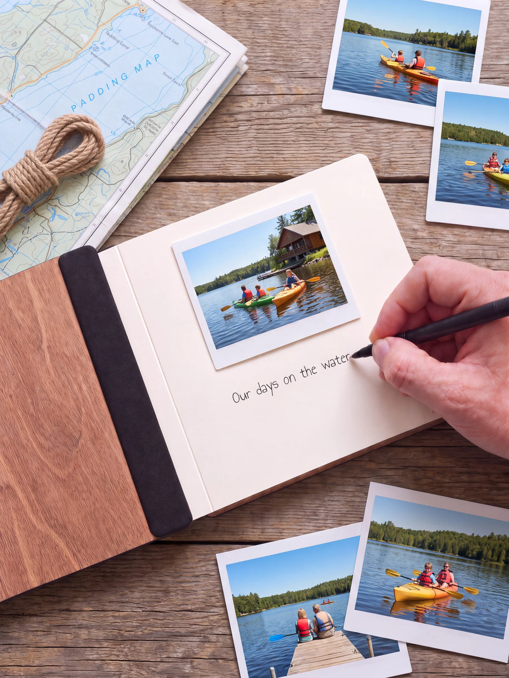 An open Hazelnut album with a photograph on a cream page. A hand writes a memory beneath it; a flat black fabric strip runs along the inner wooden cover.
