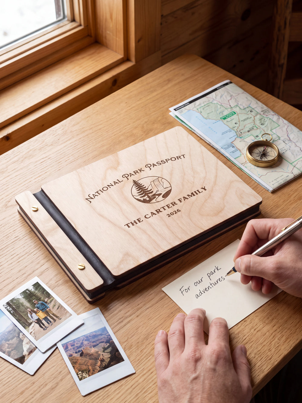 A Natural wooden album showing a pine tree and rocky park landscape rests beside a separate gift card. A hand writes 