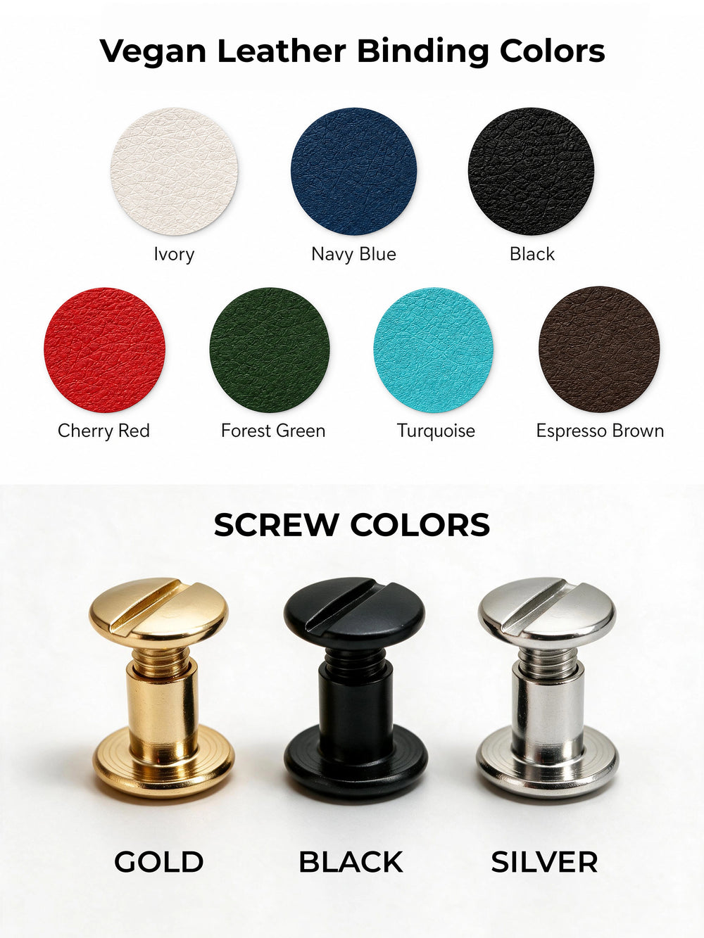 Vegan leather binding colors (Ivory, Navy Blue, Black, Cherry Red, Forest Green, Turquoise, Espresso Brown) and gold, black or silver screw posts for the photo guest book