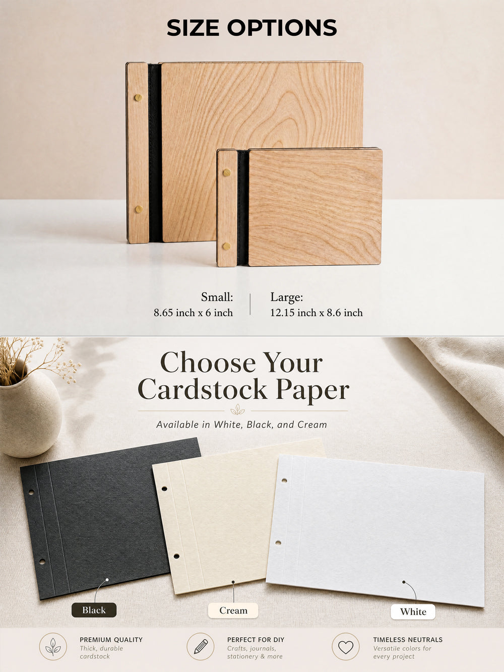 Small and Large photo guest book side by side, 8.65 x 6 in and 12.15 x 8.6 in, with black, cream and white cardstock pages